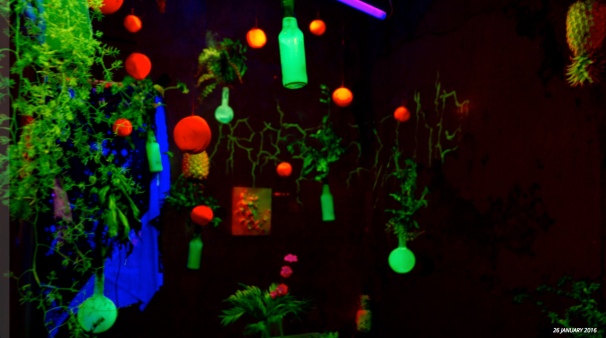 Vrot Dingus; Memento Mori Installation with neon Oranges and a robotic fish